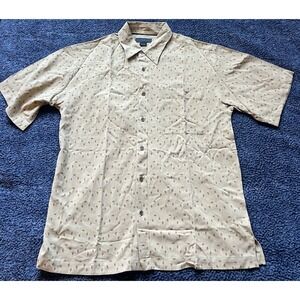 LUNGARNO Mens Button Shirt Size Large 100% Silk Beige Geometric Short Sleeve